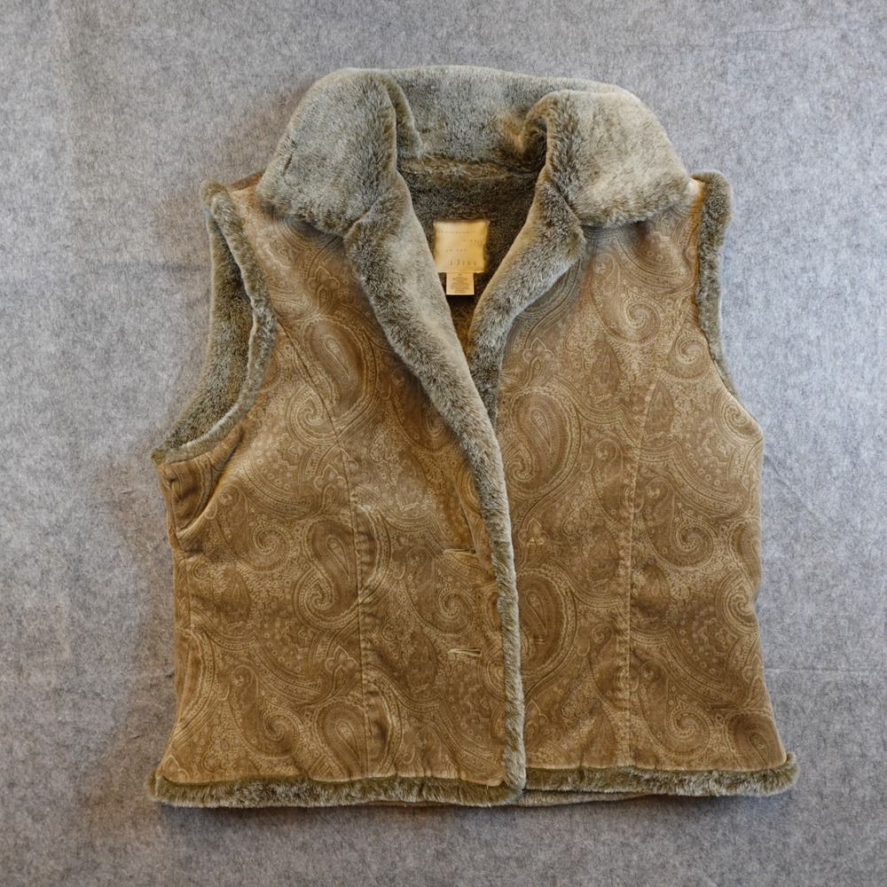 J Jill Vest Women Medium Brown Paisley Faux Fur Lined Velvet Vintage Boho Earthy